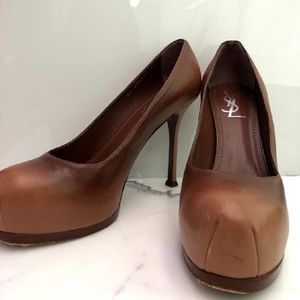 YSL Cognac Tribute Tribtoo Leather Pumps